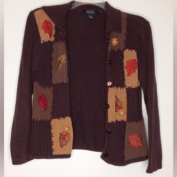 Crystal Kobe fall pattern patch brown cardigan size M - Picture 1 of 6